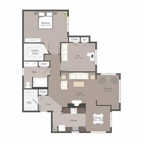 Floor plan for 1 bed, 1 bath, 1138 sqft